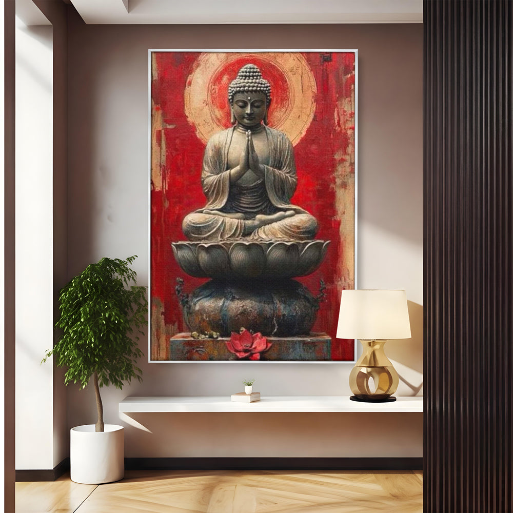 Tablou canvas cu tablou canvas cu statuie buddha pe floare de lotus, in rama de aluminiu argintiu